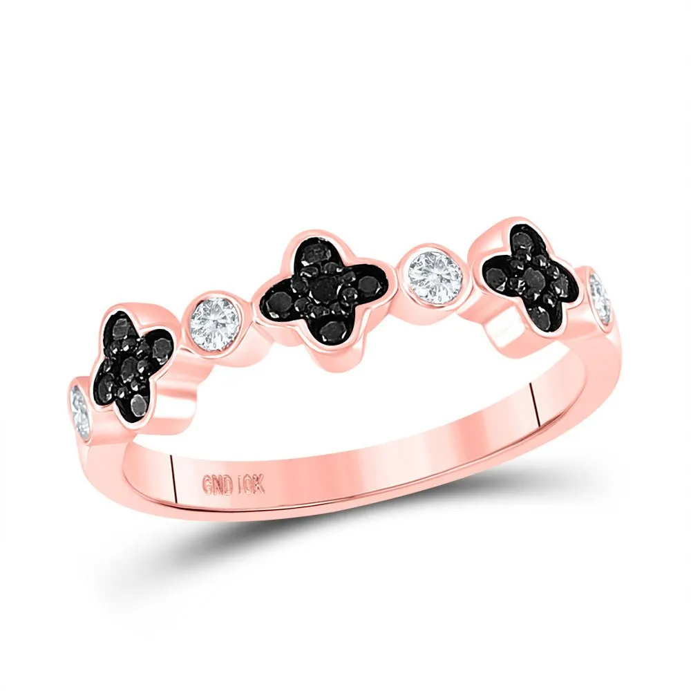 10kt Rose Gold Womens Round Black Color Enhanced Diamond Clover Band Ring 1/4 Cttw