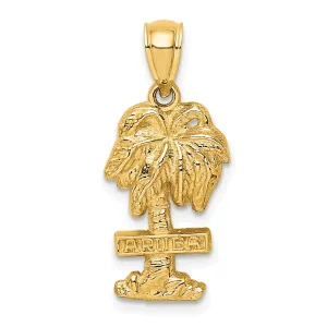14K Yellow Gold Polished Finish Flat Back 2-Dimensional ARUBA On Palm Tree Design Charm Pendant