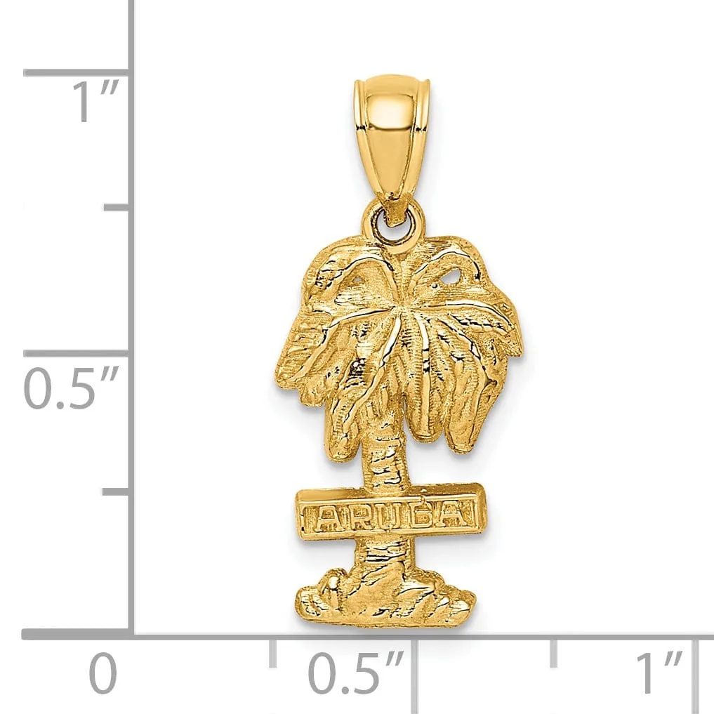 14K Yellow Gold Polished Finish Flat Back 2-Dimensional ARUBA On Palm Tree Design Charm Pendant