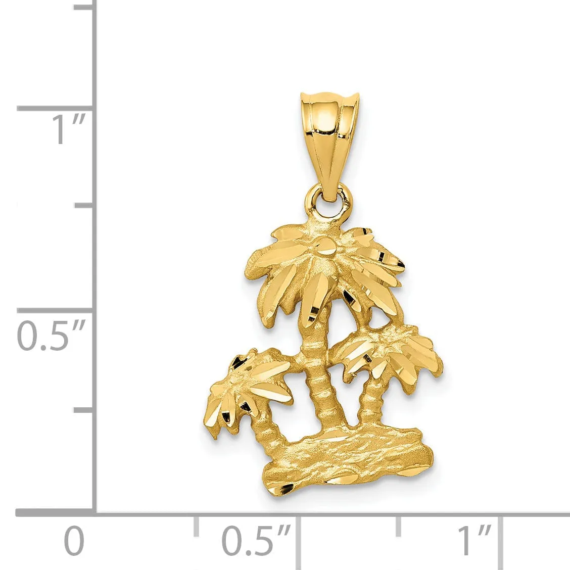 14k Yellow Gold Satin Diamond Cut Finish Open-Backed 3-Palm Trees on Island Charm Pendant
