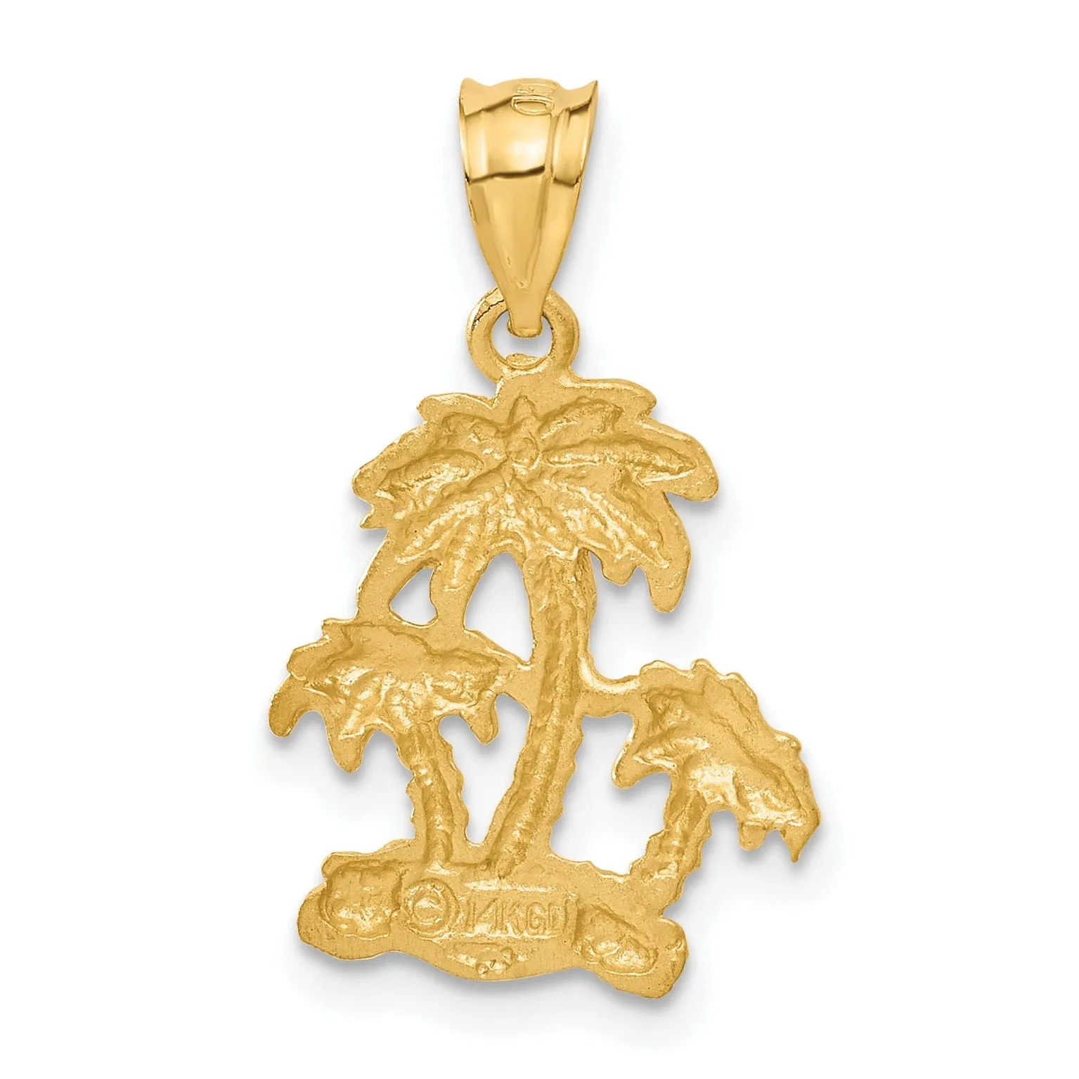 14k Yellow Gold Satin Diamond Cut Finish Open-Backed 3-Palm Trees on Island Charm Pendant