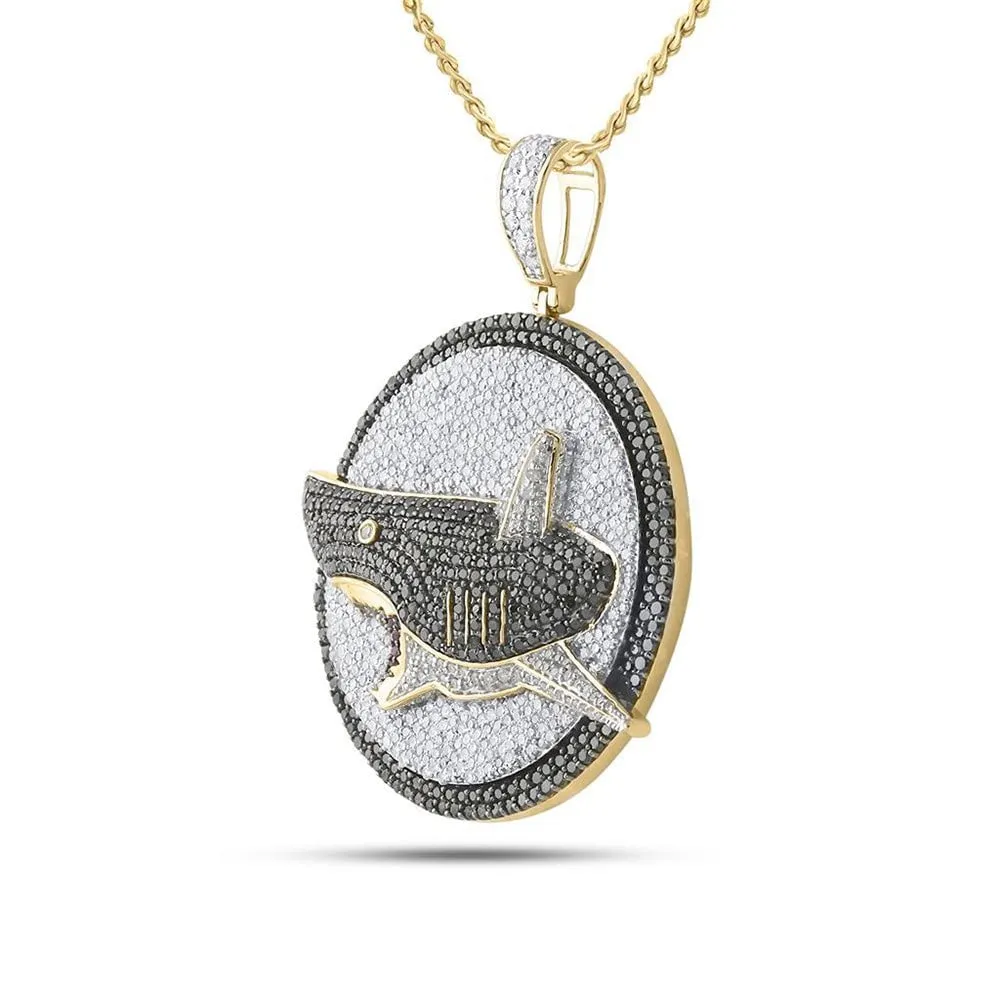 14kt Yellow Gold Mens Round Black Color Enhanced Diamond Shark Pendant 4-7/8 Cttw