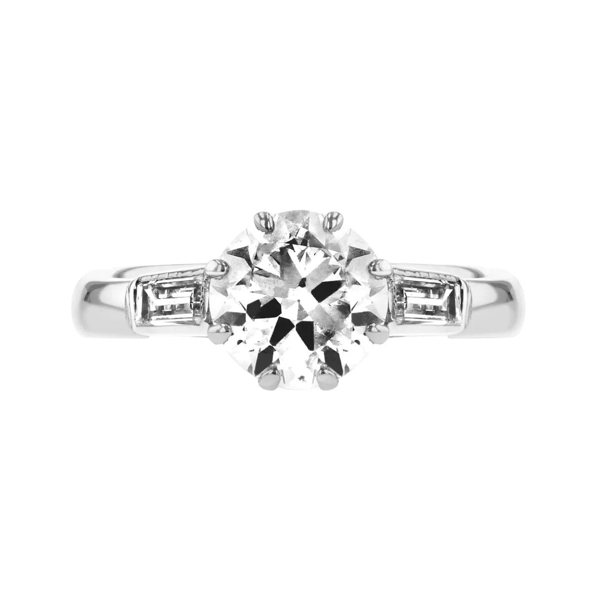 1.86ct Ada Vintage Inspired Round Brilliant with Baguette Shoulders Engagement Ring | Pre-Loved | Platinum