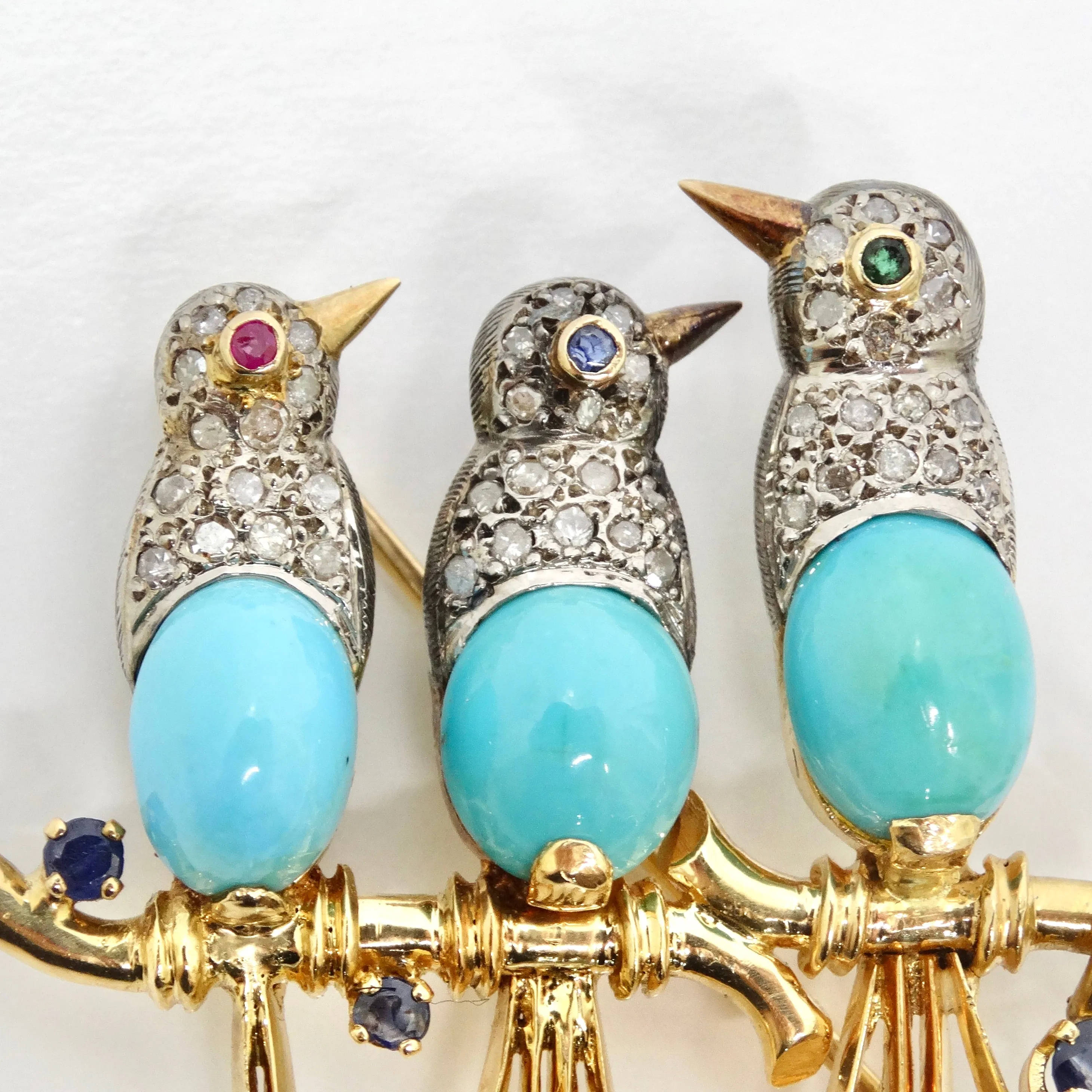 18K Solid Gold Diamond Blue Bird Brooch