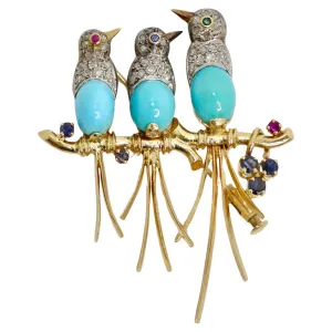 18K Solid Gold Diamond Blue Bird Brooch