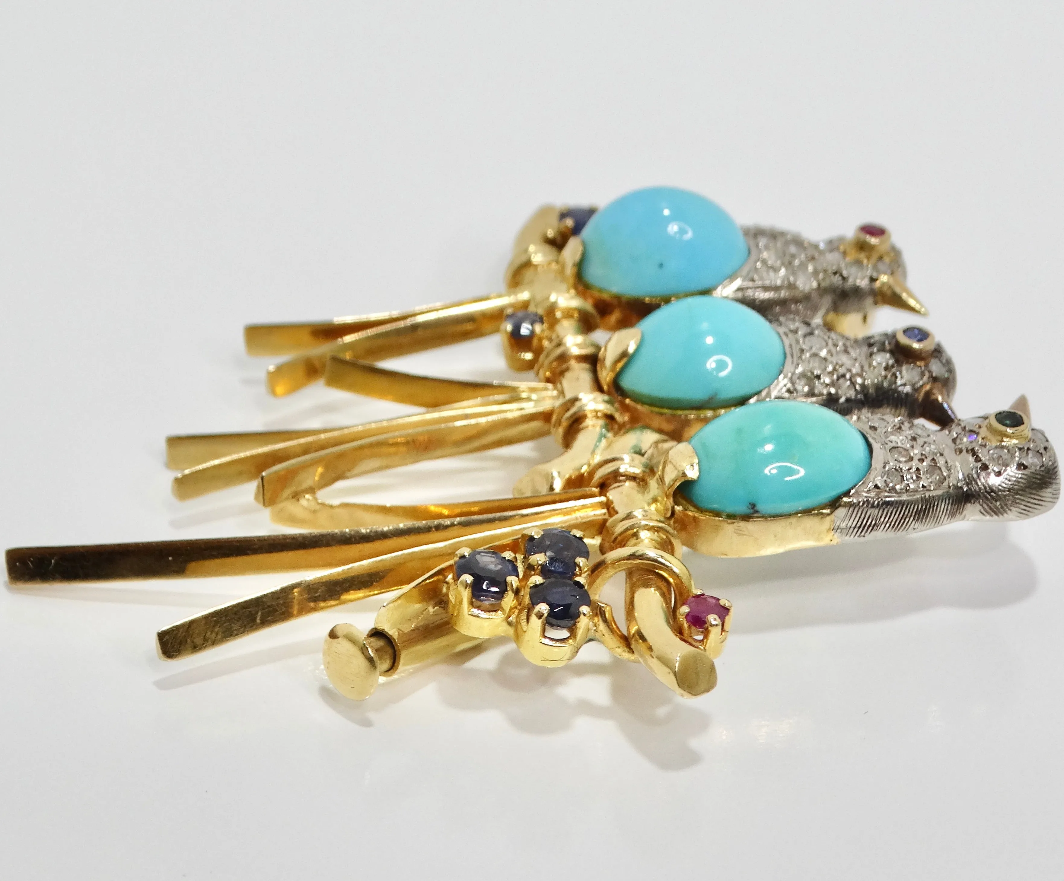 18K Solid Gold Diamond Blue Bird Brooch