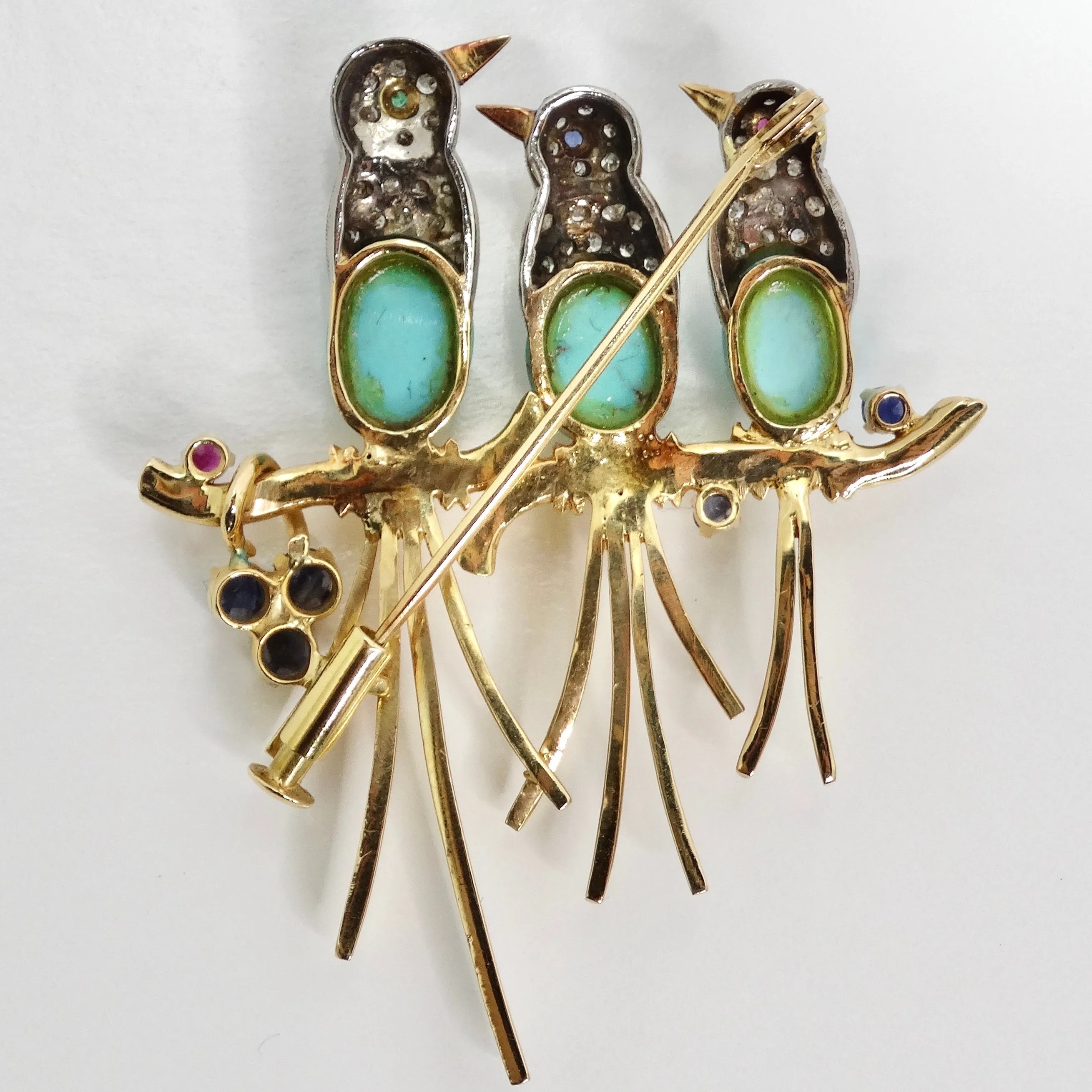 18K Solid Gold Diamond Blue Bird Brooch