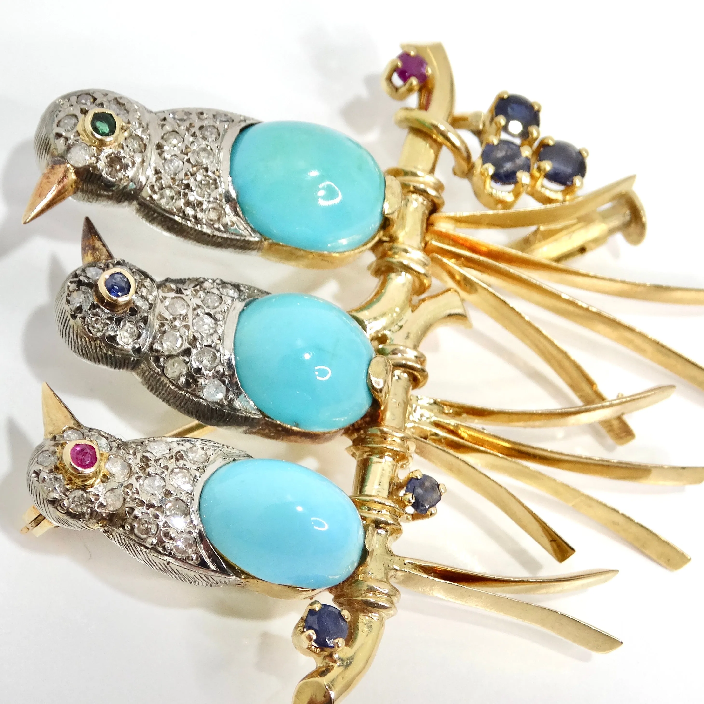 18K Solid Gold Diamond Blue Bird Brooch