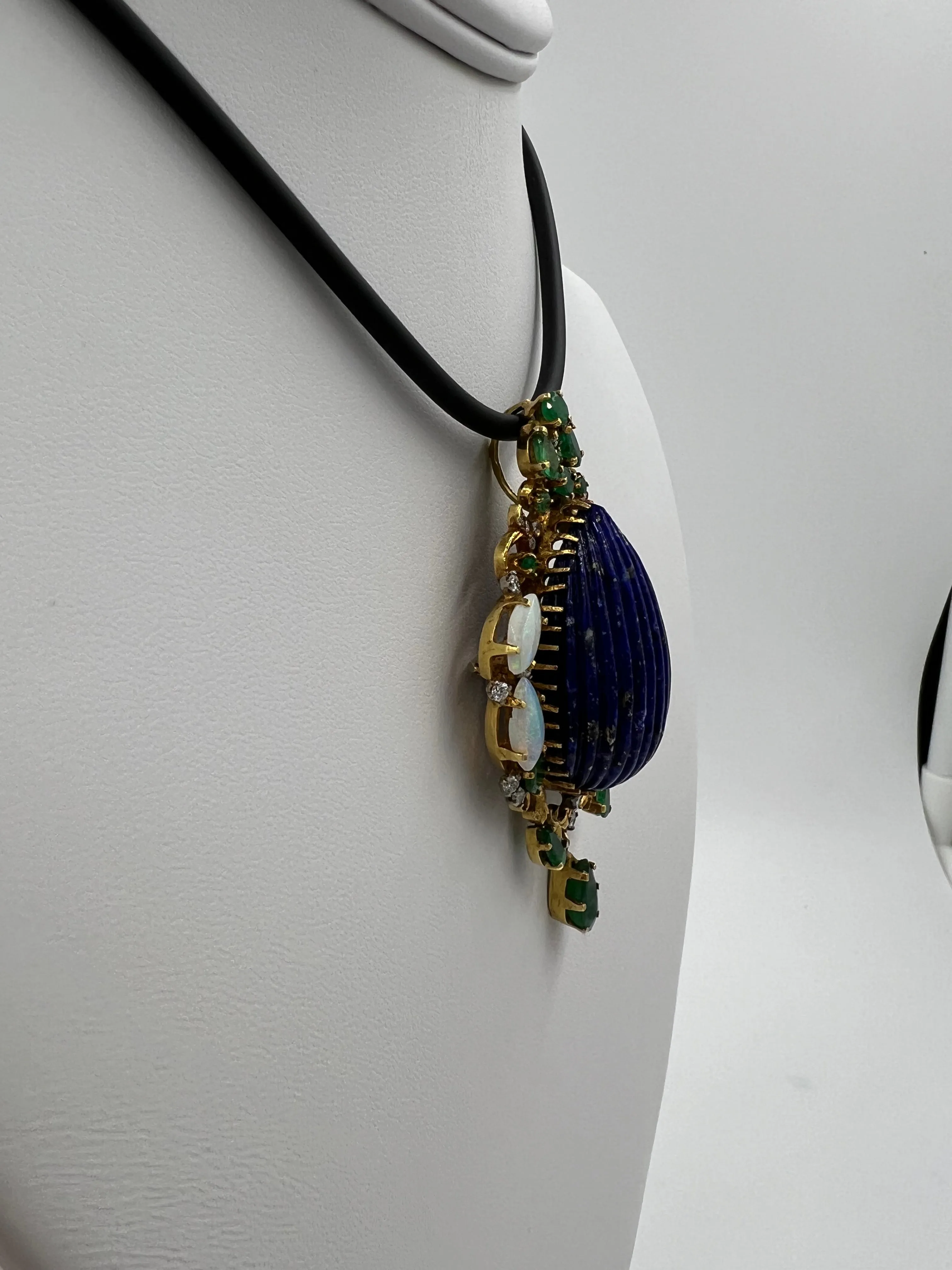 1970s Lapis Emerald Opal Diamond Yellow Gold Pendant Brooch