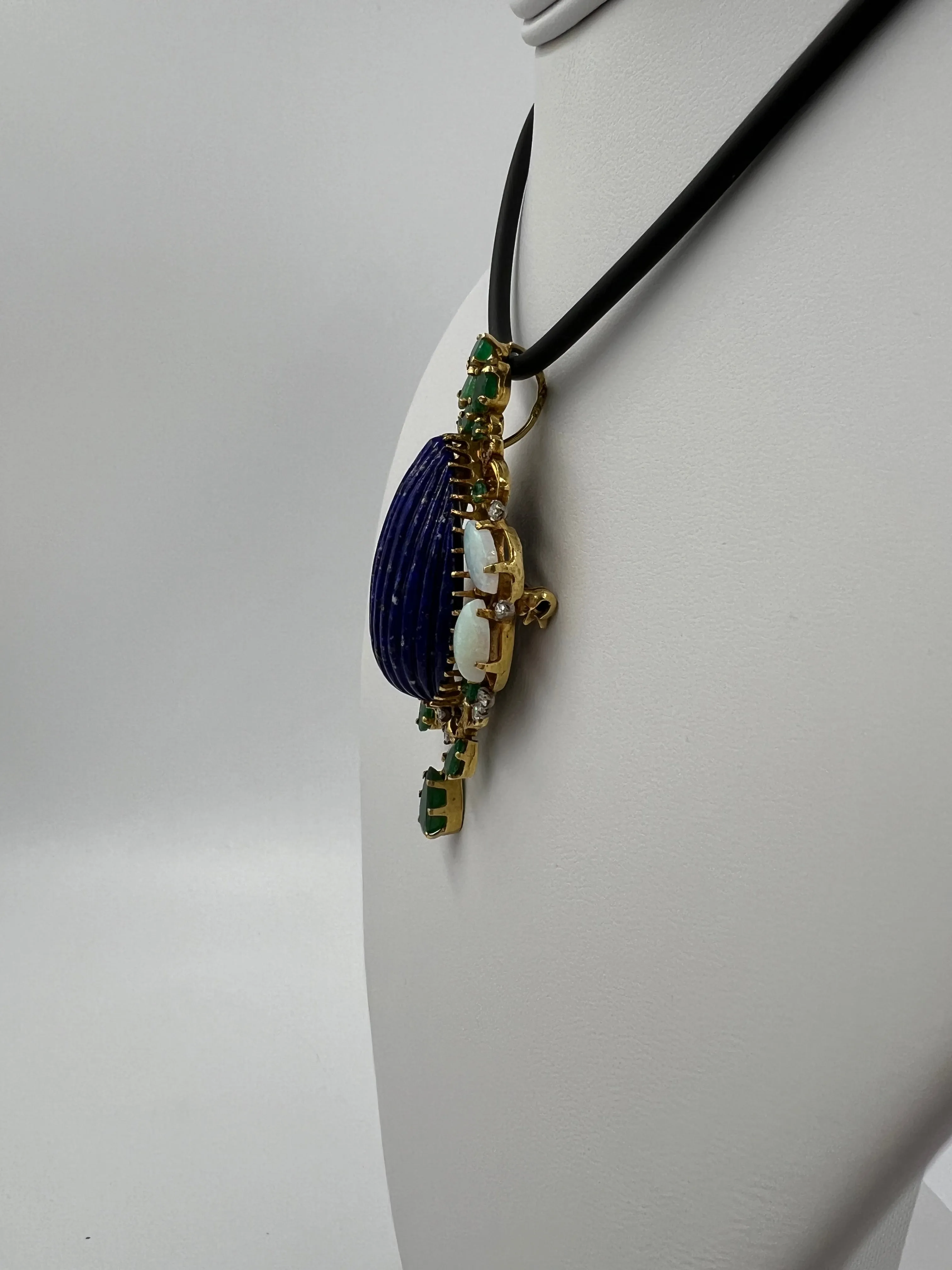 1970s Lapis Emerald Opal Diamond Yellow Gold Pendant Brooch