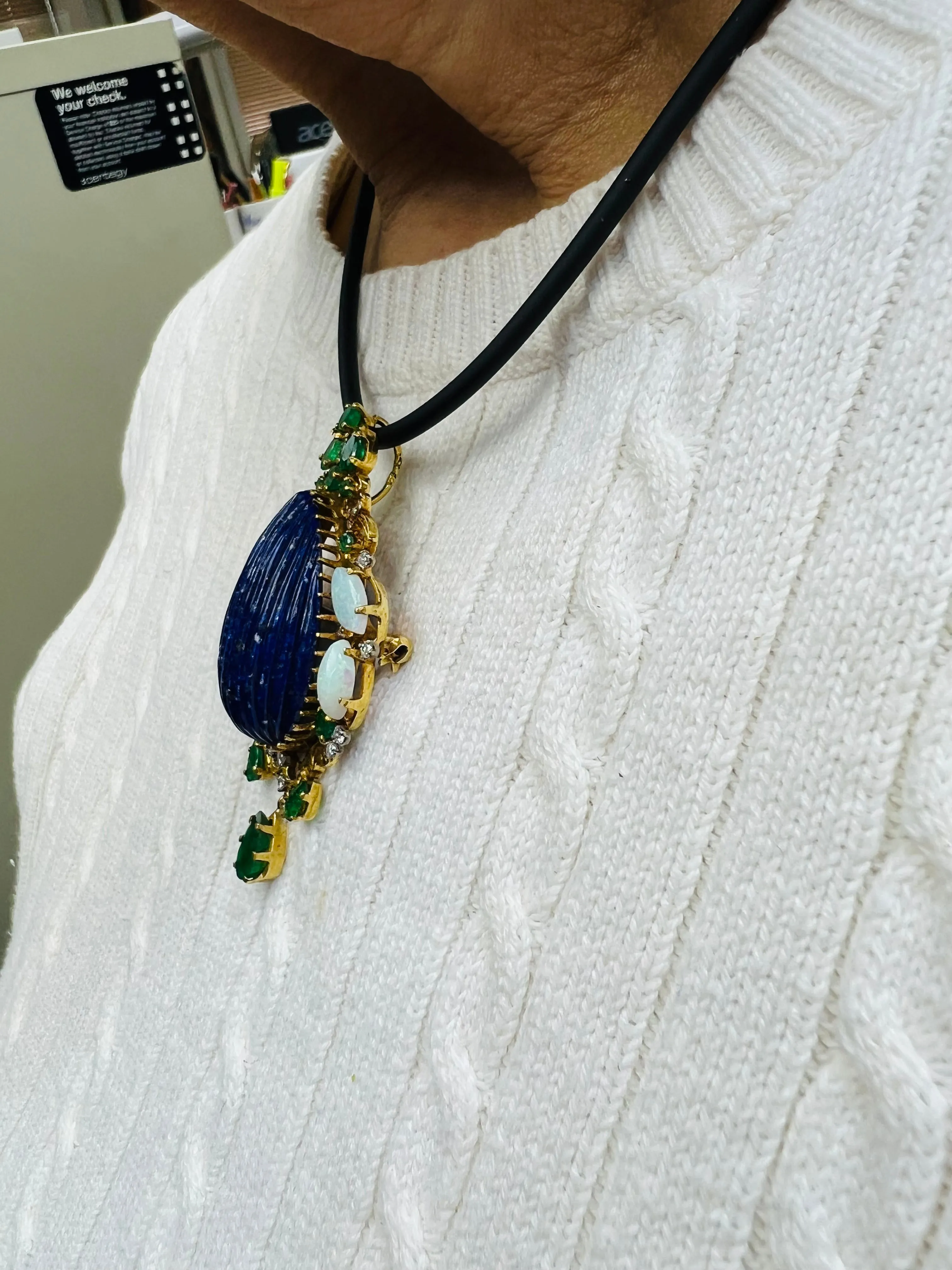 1970s Lapis Emerald Opal Diamond Yellow Gold Pendant Brooch