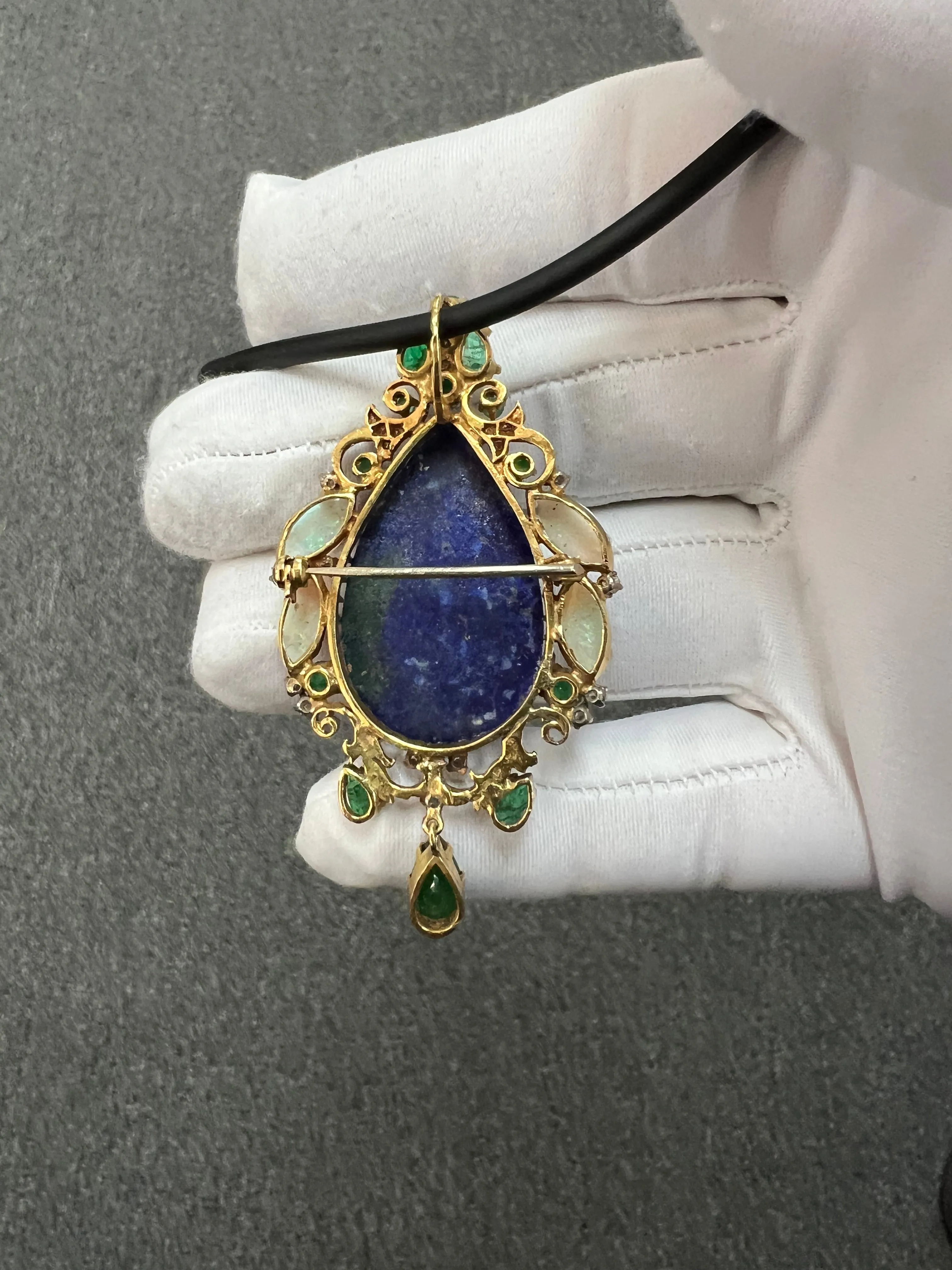 1970s Lapis Emerald Opal Diamond Yellow Gold Pendant Brooch