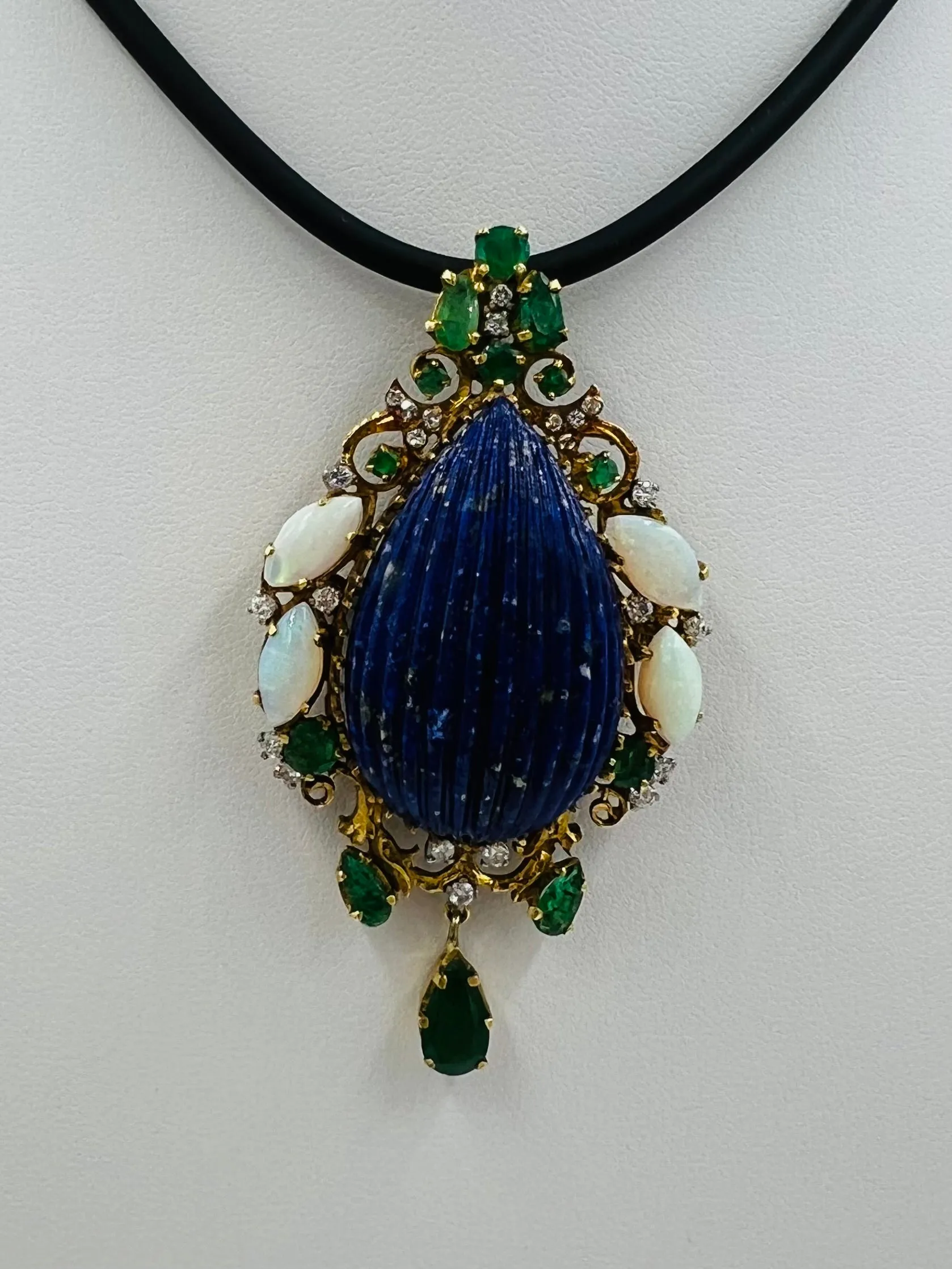 1970s Lapis Emerald Opal Diamond Yellow Gold Pendant Brooch