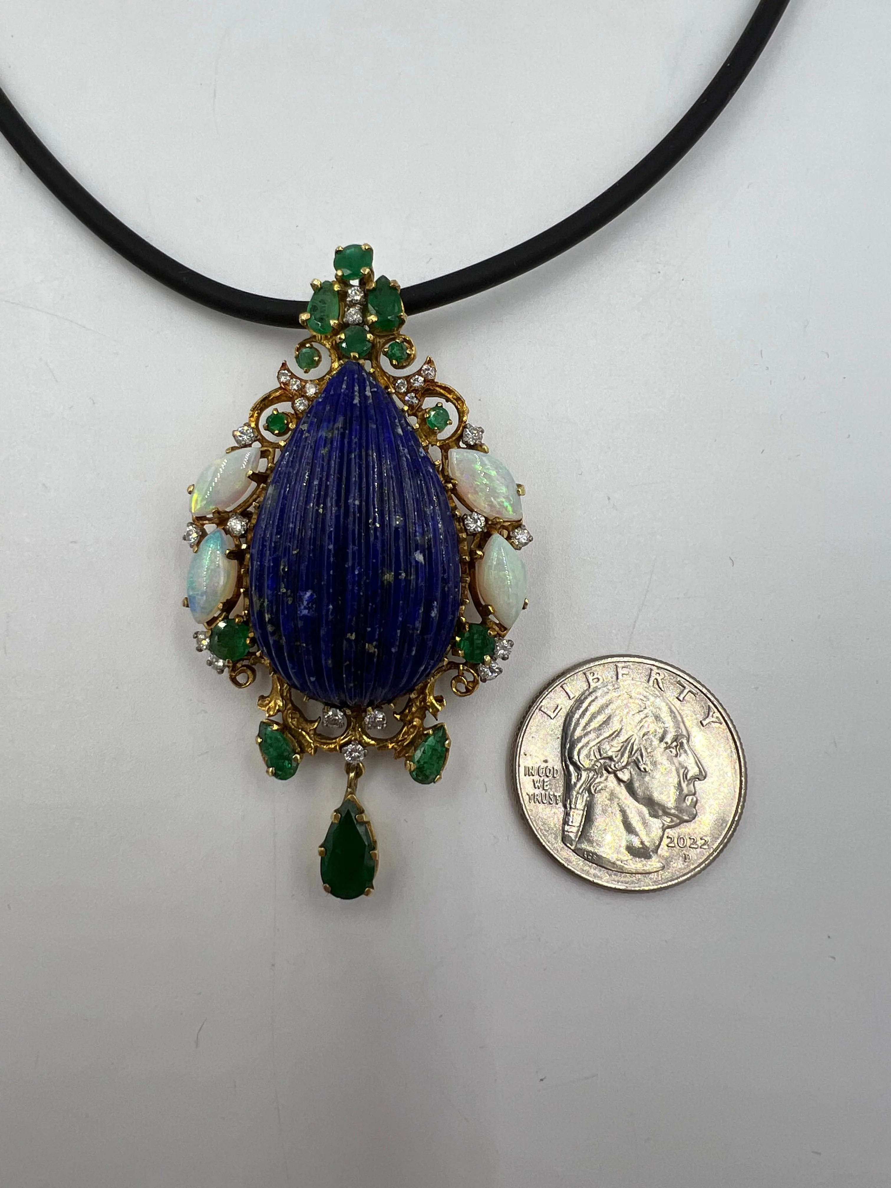 1970s Lapis Emerald Opal Diamond Yellow Gold Pendant Brooch