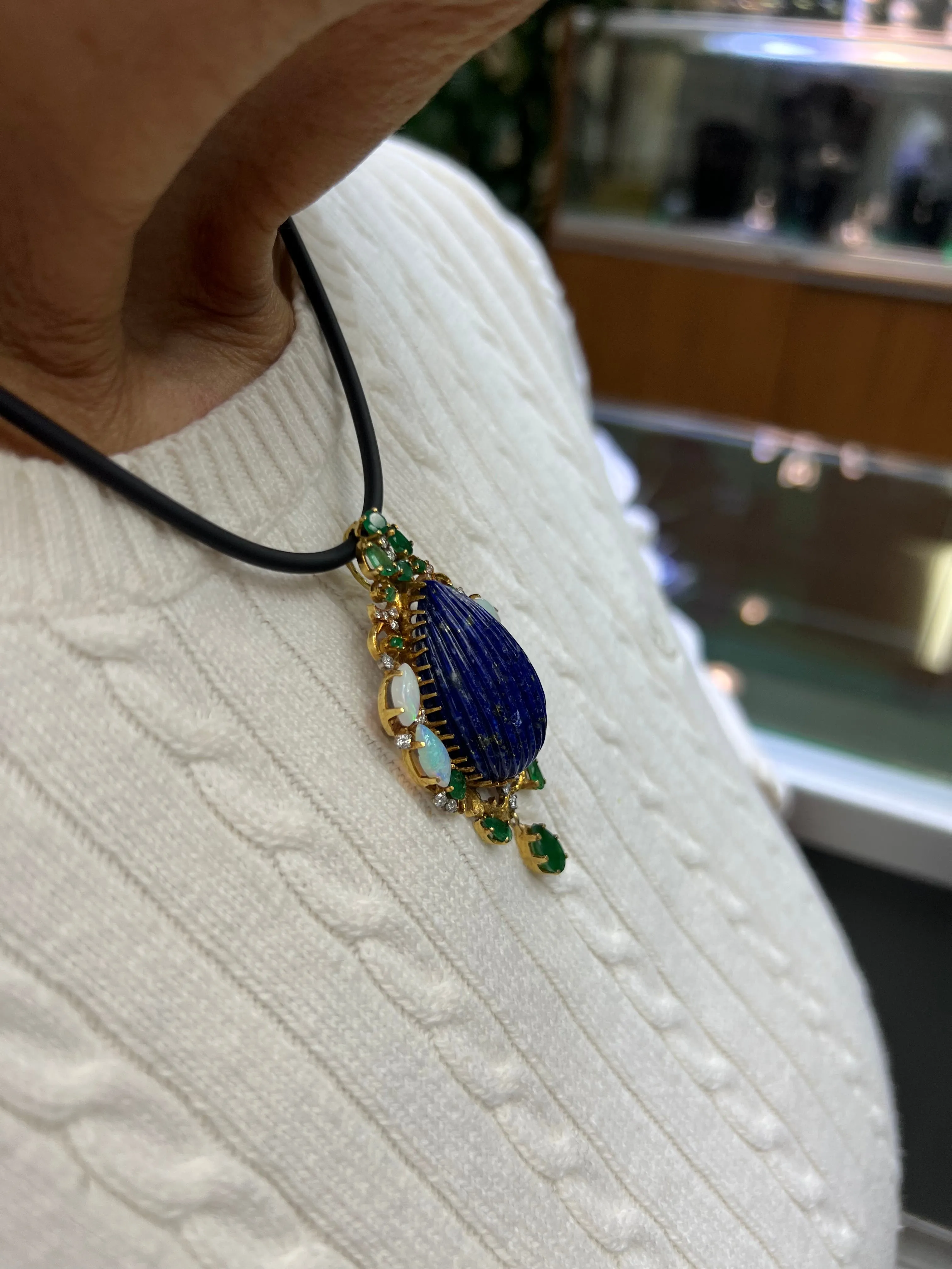 1970s Lapis Emerald Opal Diamond Yellow Gold Pendant Brooch