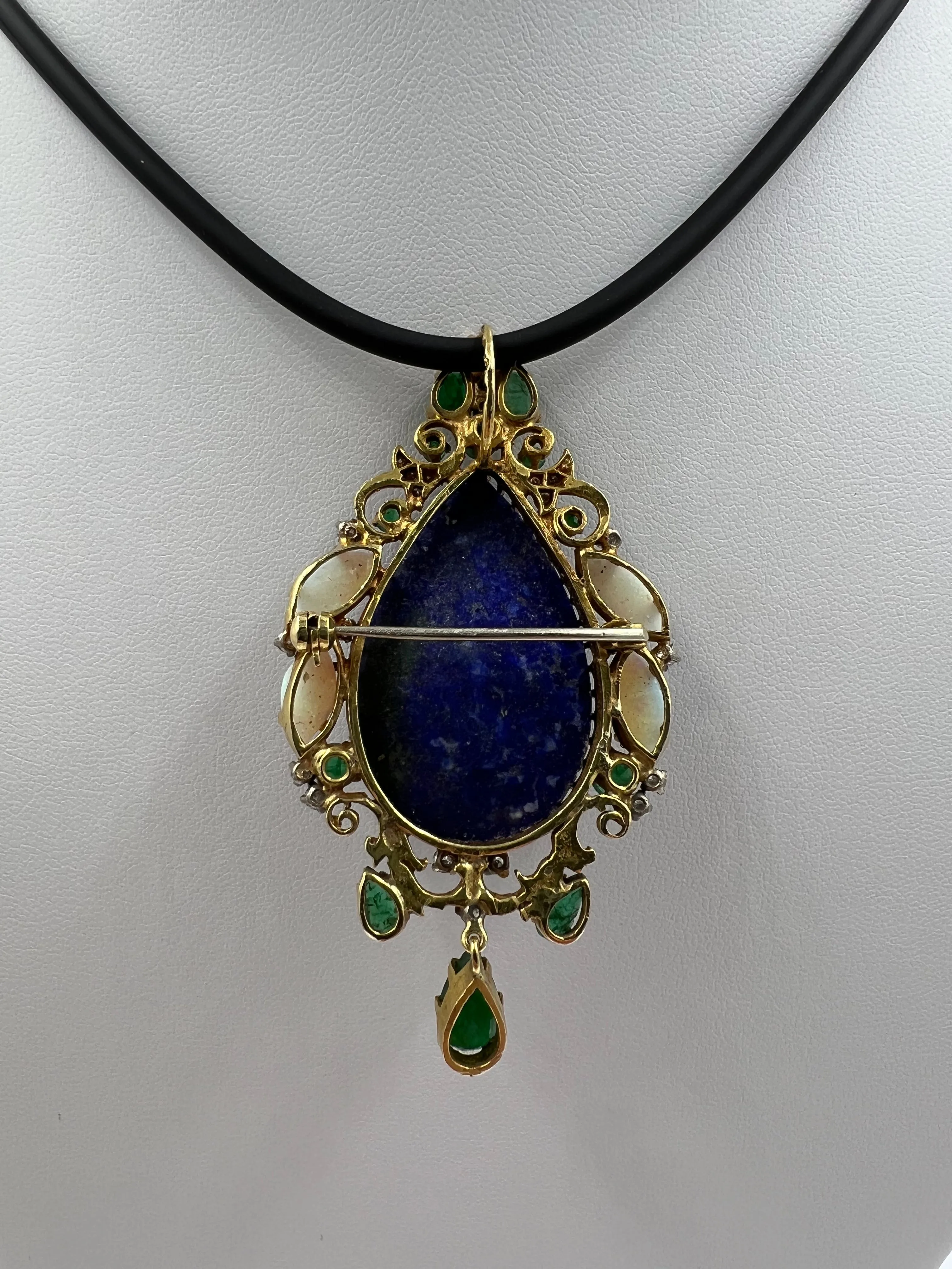 1970s Lapis Emerald Opal Diamond Yellow Gold Pendant Brooch