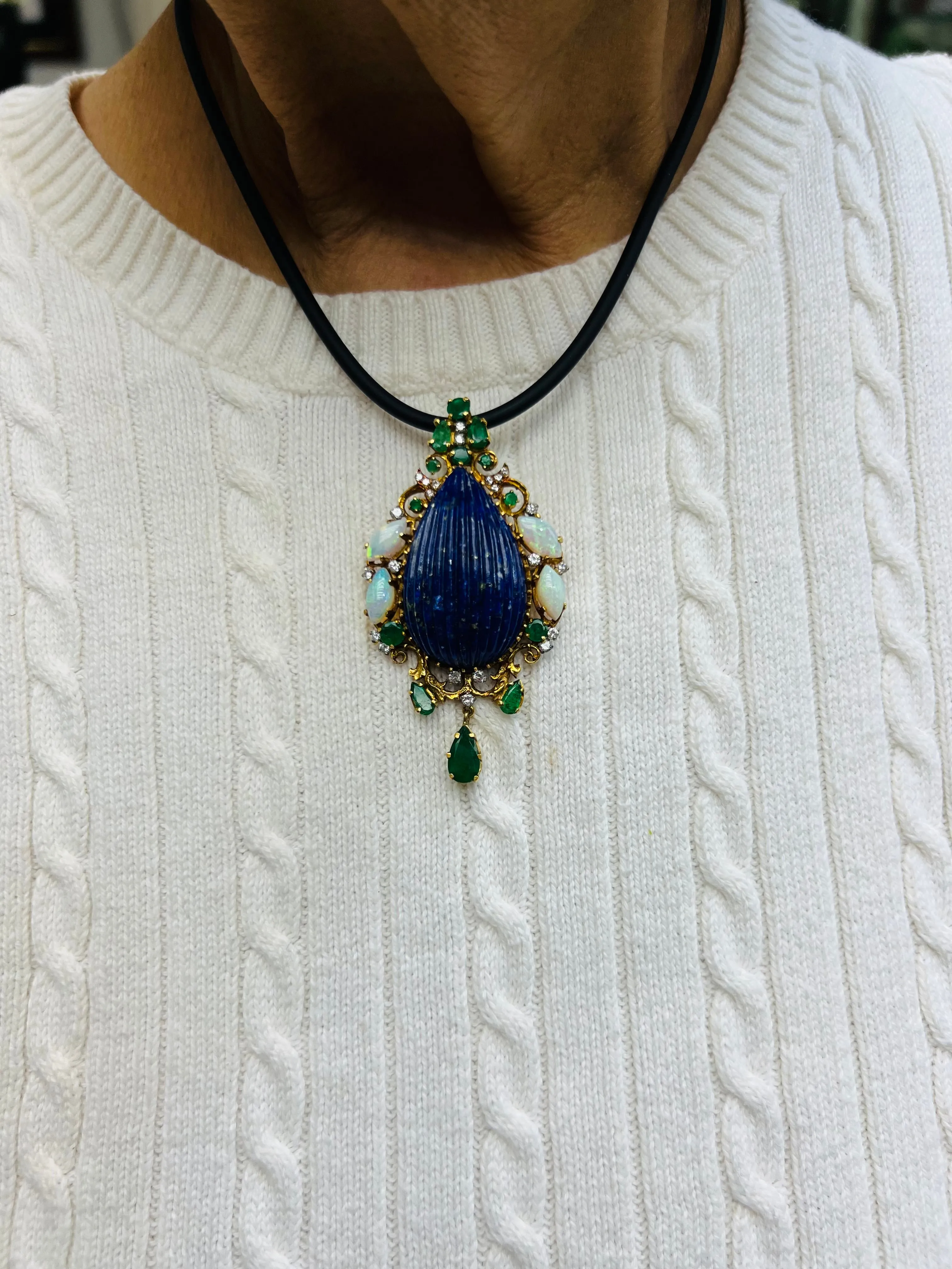 1970s Lapis Emerald Opal Diamond Yellow Gold Pendant Brooch