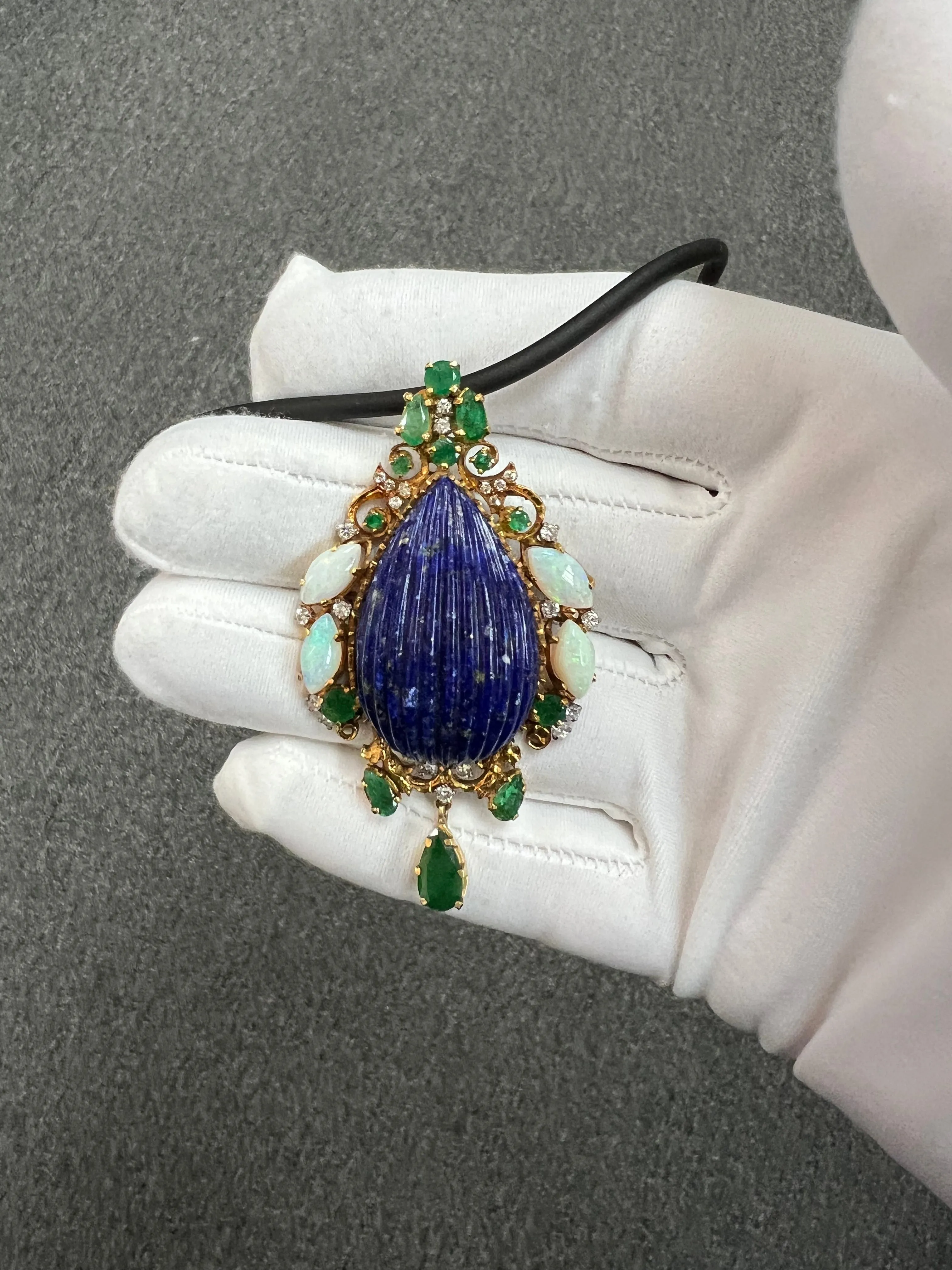 1970s Lapis Emerald Opal Diamond Yellow Gold Pendant Brooch