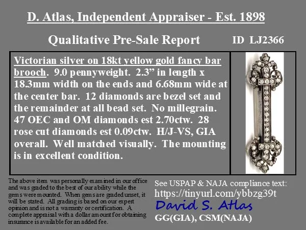 2.79ctw Victorian Old Cut Diamond Bar Brooch