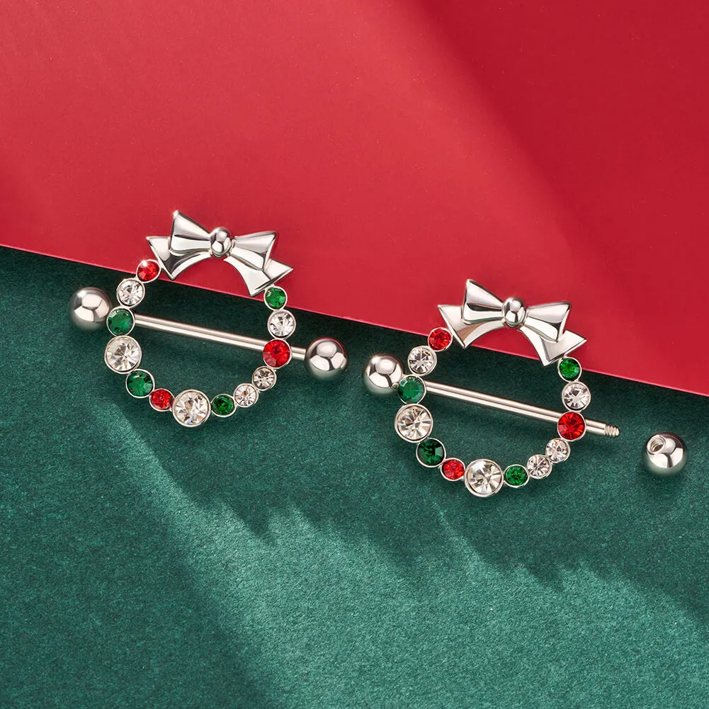 2Pcs 14G Christmas Wreath Bow Tie Nipple Barbell