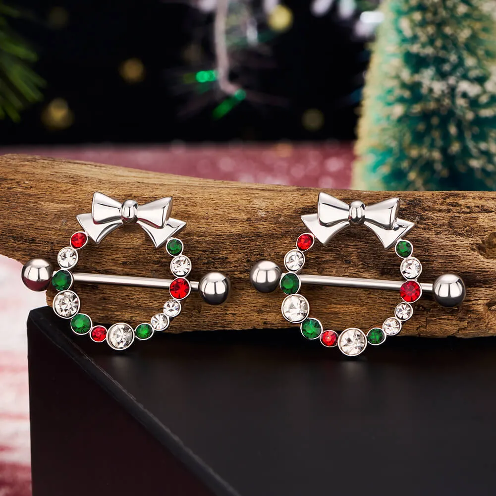 2Pcs 14G Christmas Wreath Bow Tie Nipple Barbell
