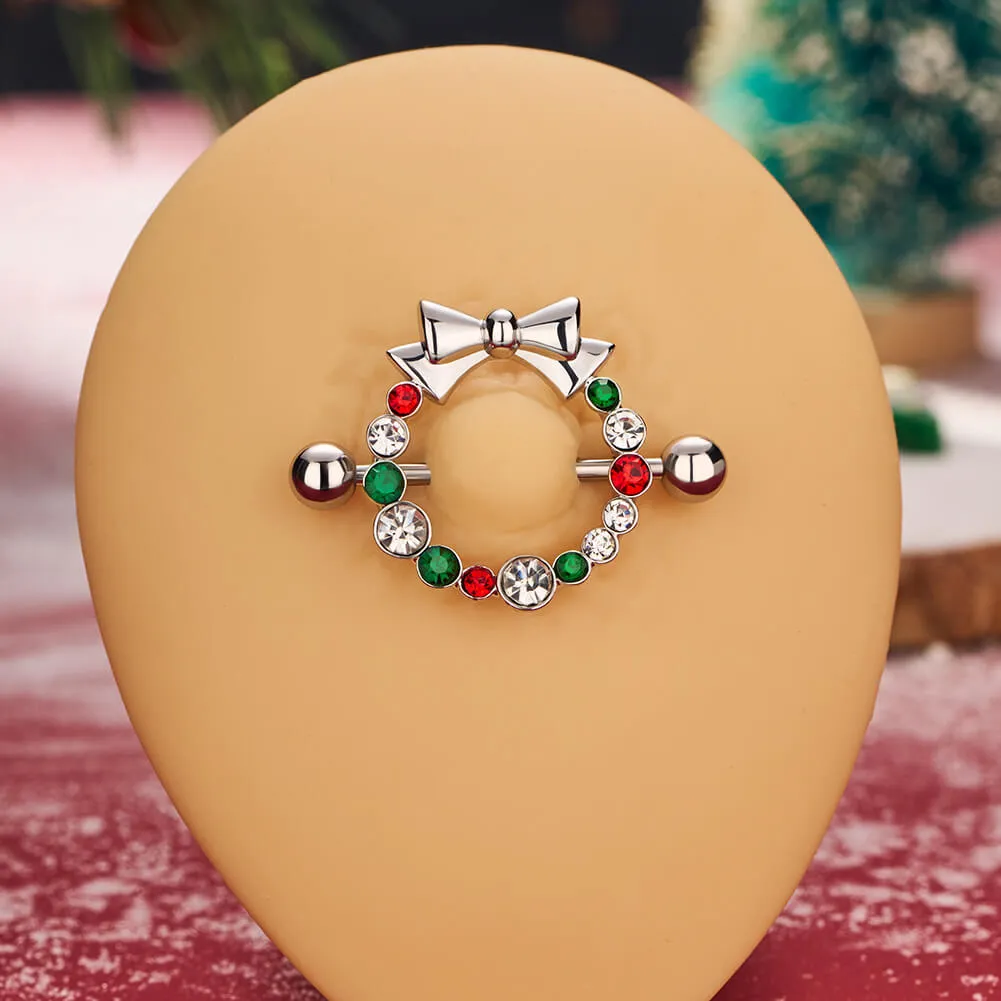 2Pcs 14G Christmas Wreath Bow Tie Nipple Barbell