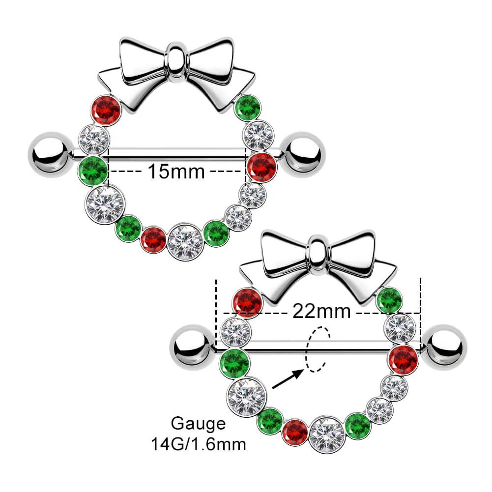 2Pcs 14G Christmas Wreath Bow Tie Nipple Barbell
