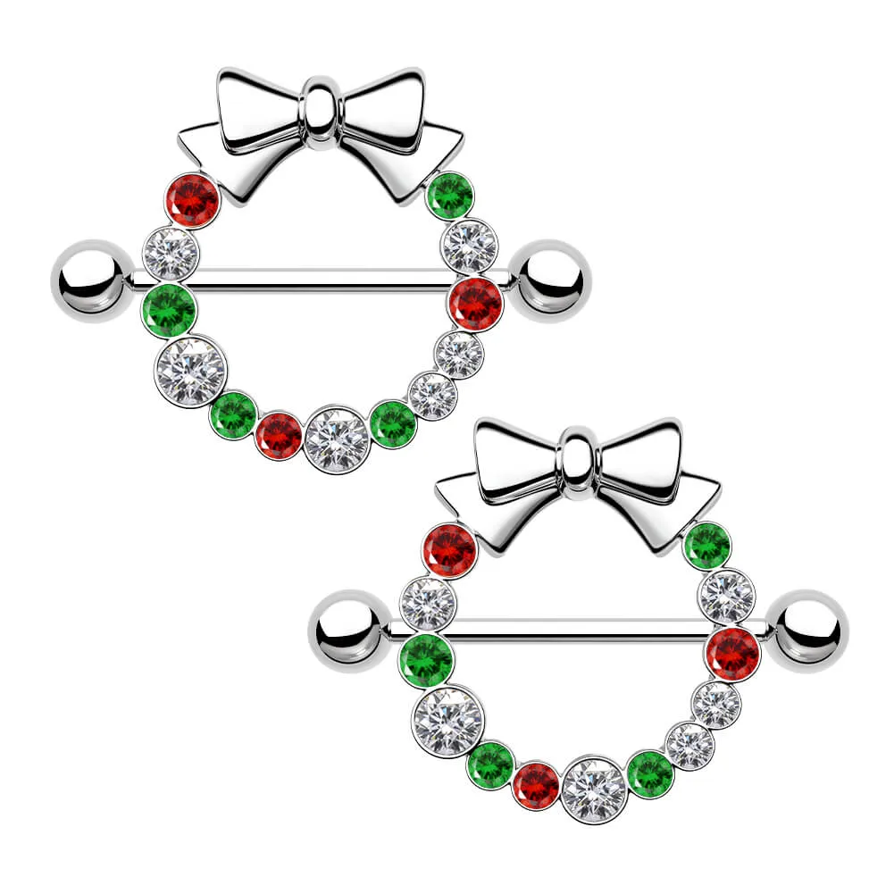 2Pcs 14G Christmas Wreath Bow Tie Nipple Barbell