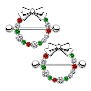 2Pcs 14G Christmas Wreath Bow Tie Nipple Barbell