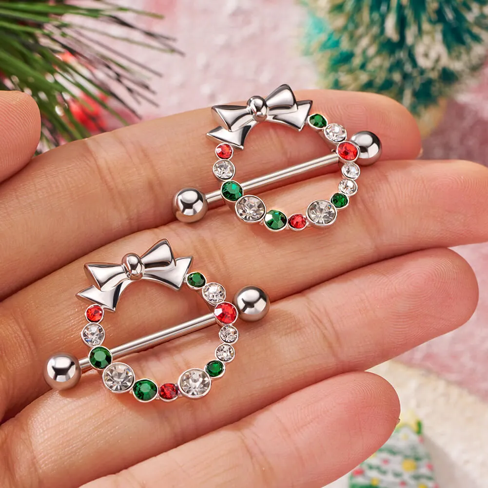 2Pcs 14G Christmas Wreath Bow Tie Nipple Barbell