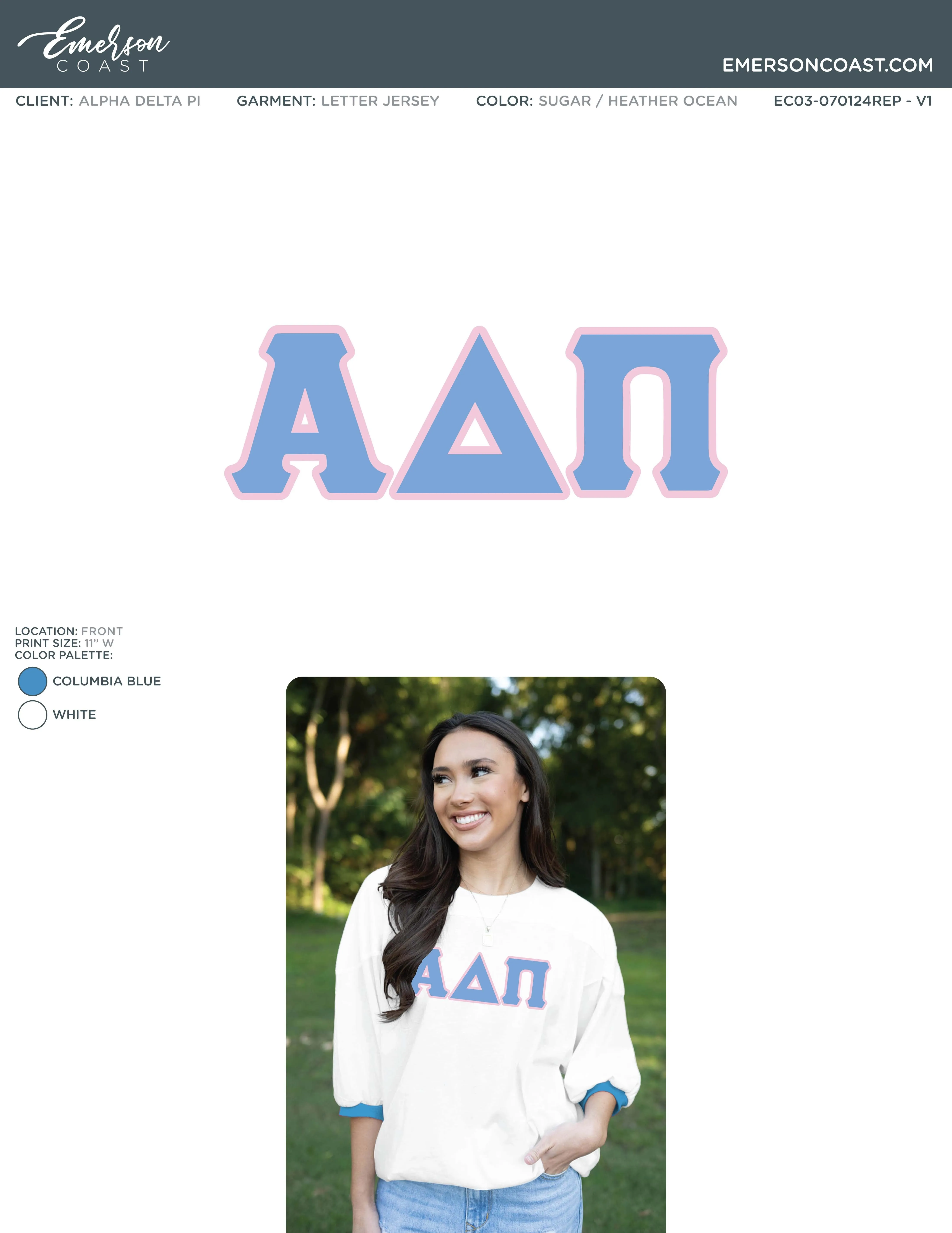 Alpha Delta Pi Recruitment and Bid Day Greek Letter Jersey