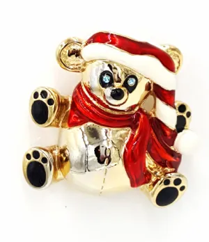 Anne Klein Brooch Christmas Teddy Bear With Baby Blue Rhinestone Eyes Enamel Hat