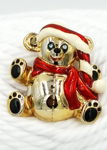Anne Klein Brooch Christmas Teddy Bear With Baby Blue Rhinestone Eyes Enamel Hat