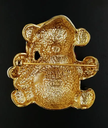 Anne Klein Brooch Christmas Teddy Bear With Baby Blue Rhinestone Eyes Enamel Hat
