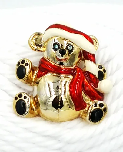 Anne Klein Brooch Christmas Teddy Bear With Baby Blue Rhinestone Eyes Enamel Hat