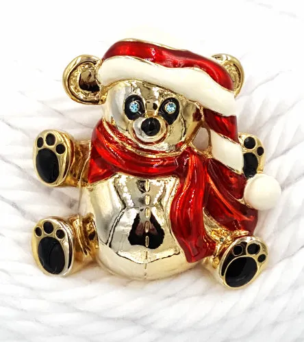 Anne Klein Brooch Christmas Teddy Bear With Baby Blue Rhinestone Eyes Enamel Hat
