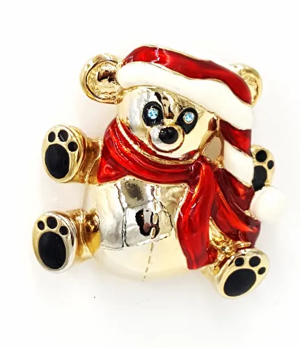 Anne Klein Brooch Christmas Teddy Bear With Baby Blue Rhinestone Eyes Enamel Hat