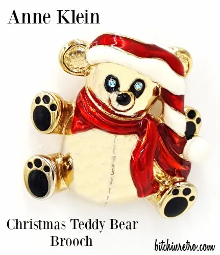 Anne Klein Brooch Christmas Teddy Bear With Baby Blue Rhinestone Eyes Enamel Hat