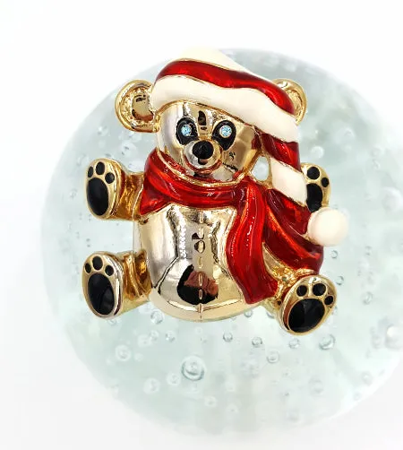 Anne Klein Brooch Christmas Teddy Bear With Baby Blue Rhinestone Eyes Enamel Hat