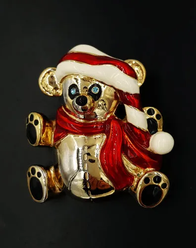 Anne Klein Brooch Christmas Teddy Bear With Baby Blue Rhinestone Eyes Enamel Hat