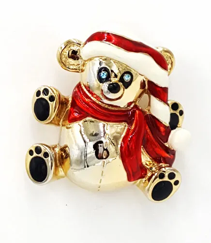 Anne Klein Brooch Christmas Teddy Bear With Baby Blue Rhinestone Eyes Enamel Hat