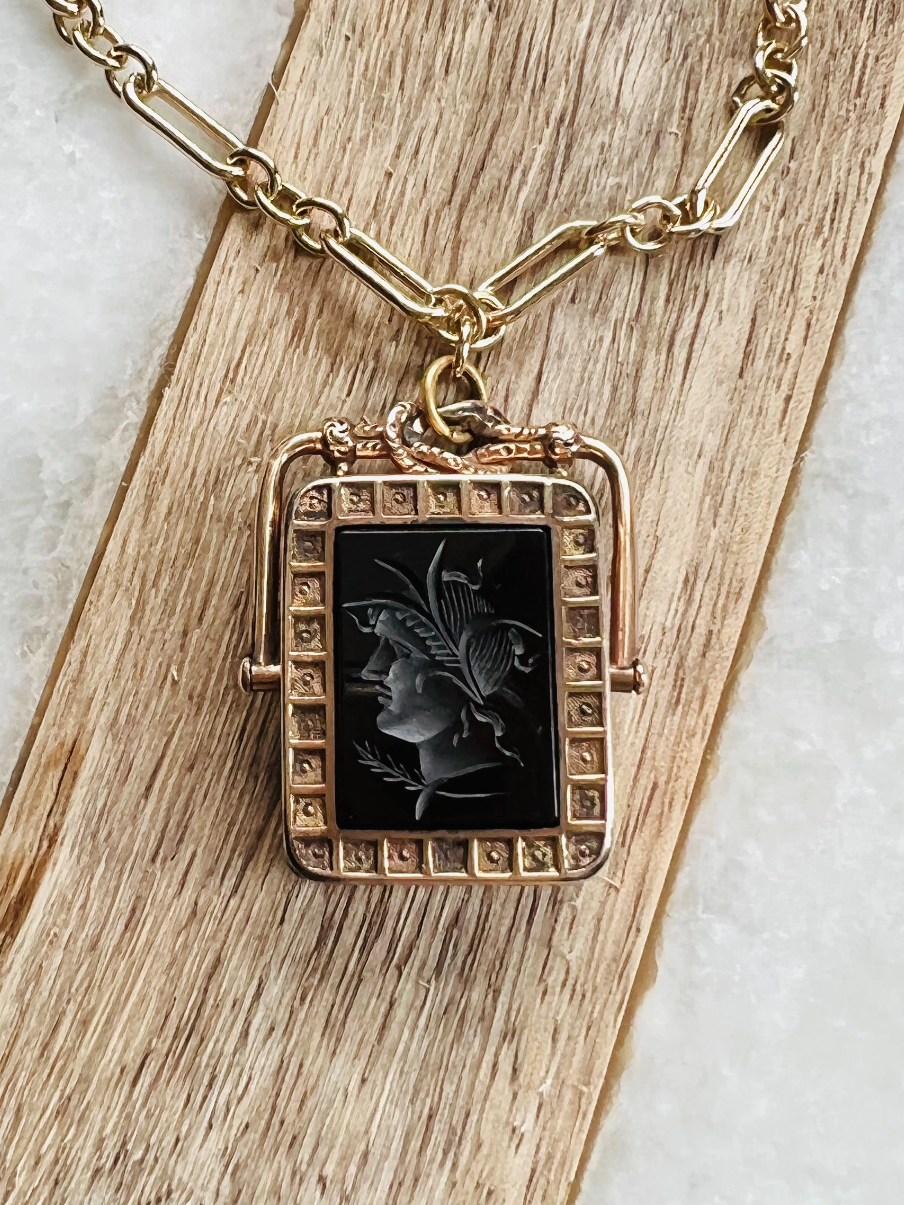 Antique Celluloid Intaglio Locket Necklace