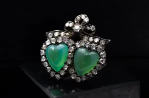 ANTIQUE CHRYSOPRASE AND ROSE CUT DIAMOND TWIN HEARTS BROOCH