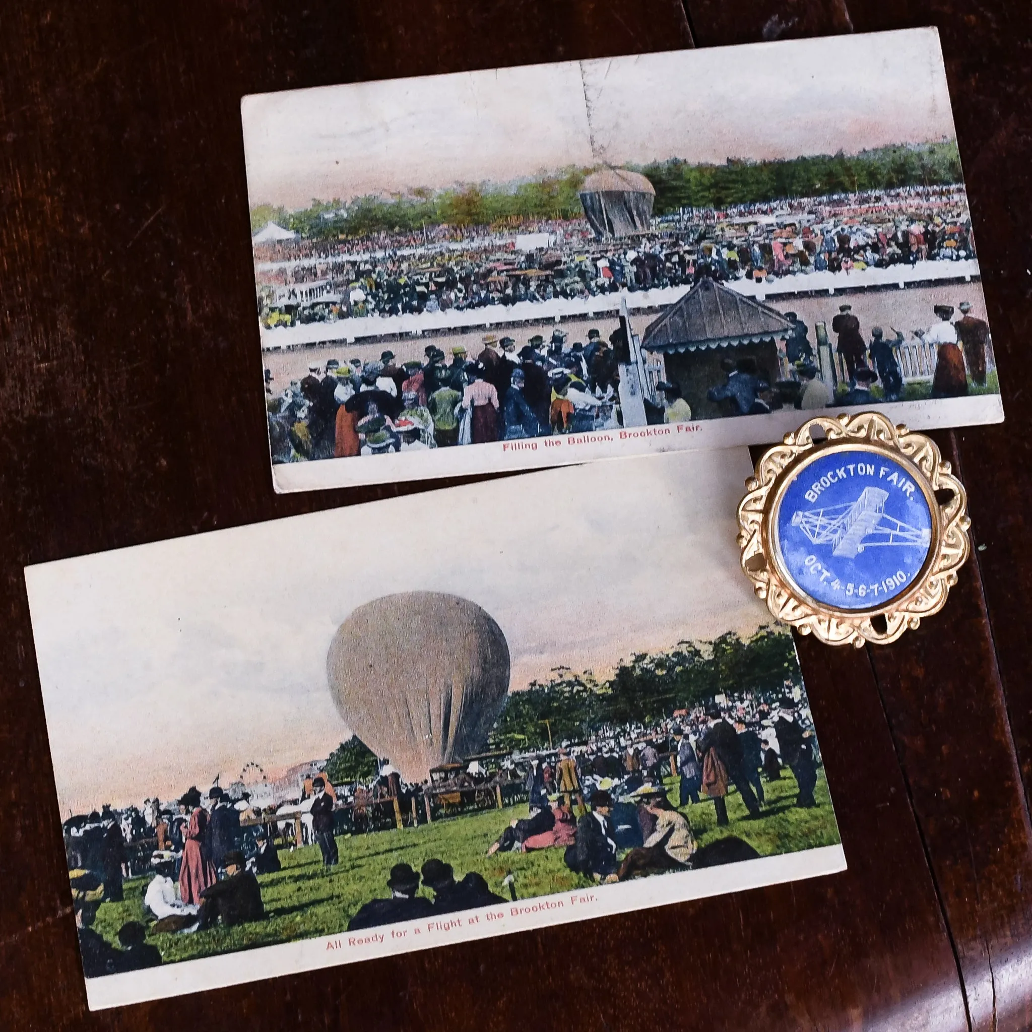 Antique "Wright Flyer at the 1910 Brockton Fair" Pin and Postcards