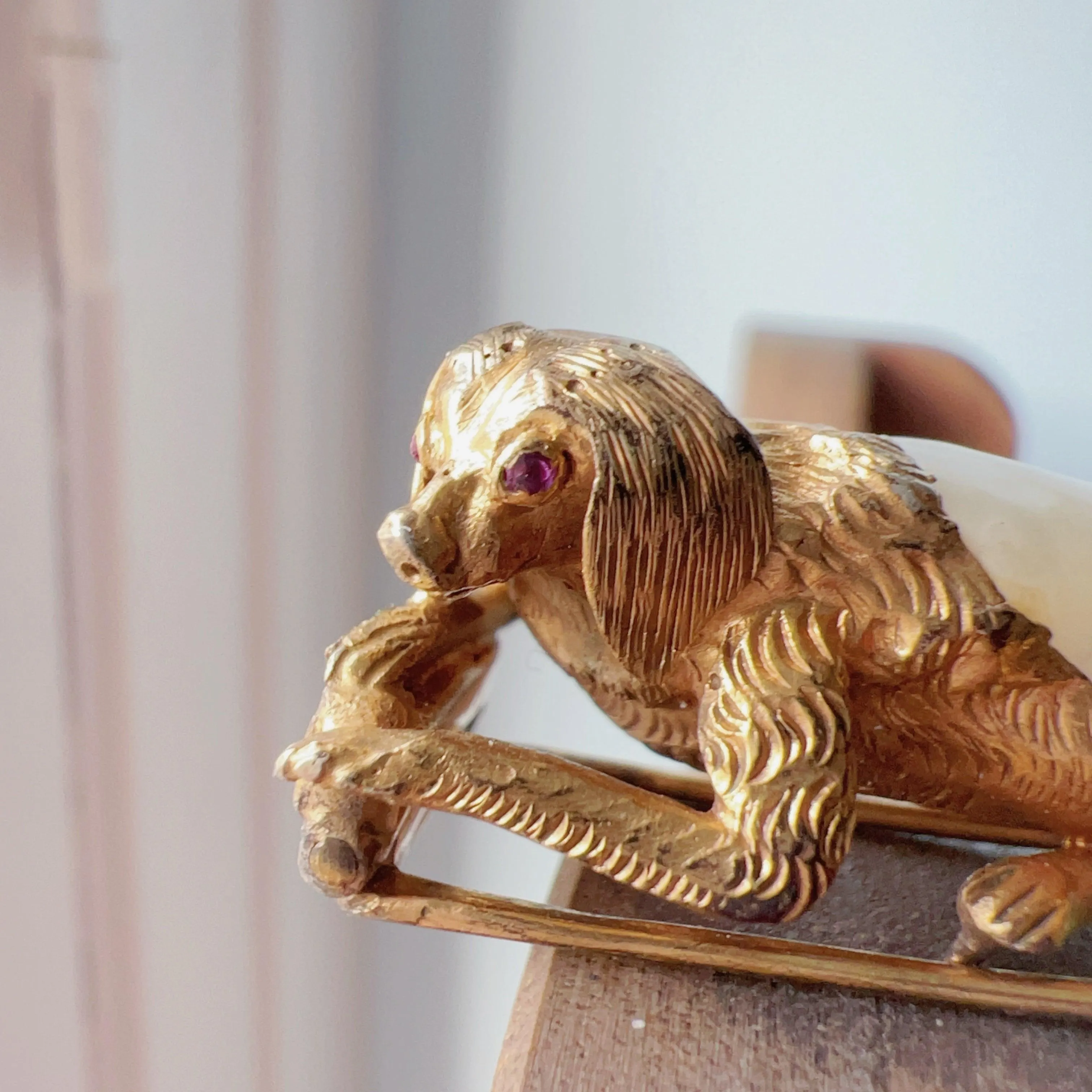 Antique ruby mother of pearl Dog clip brooch