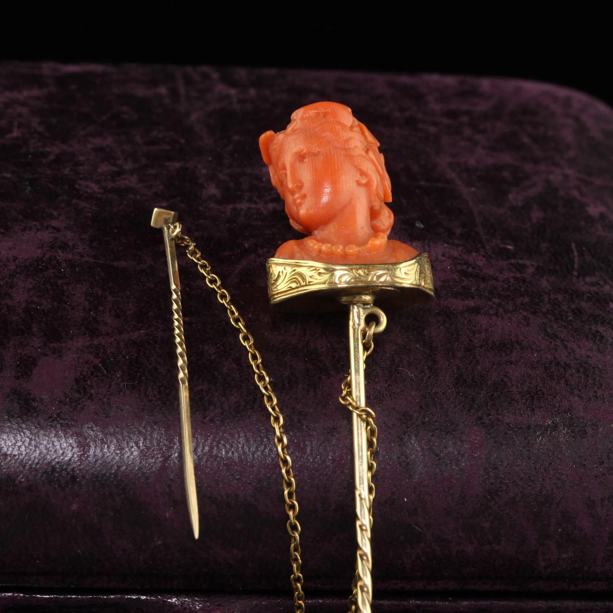 Antique Victorian 14K Yellow Gold Carved Coral Lady Stick Pin