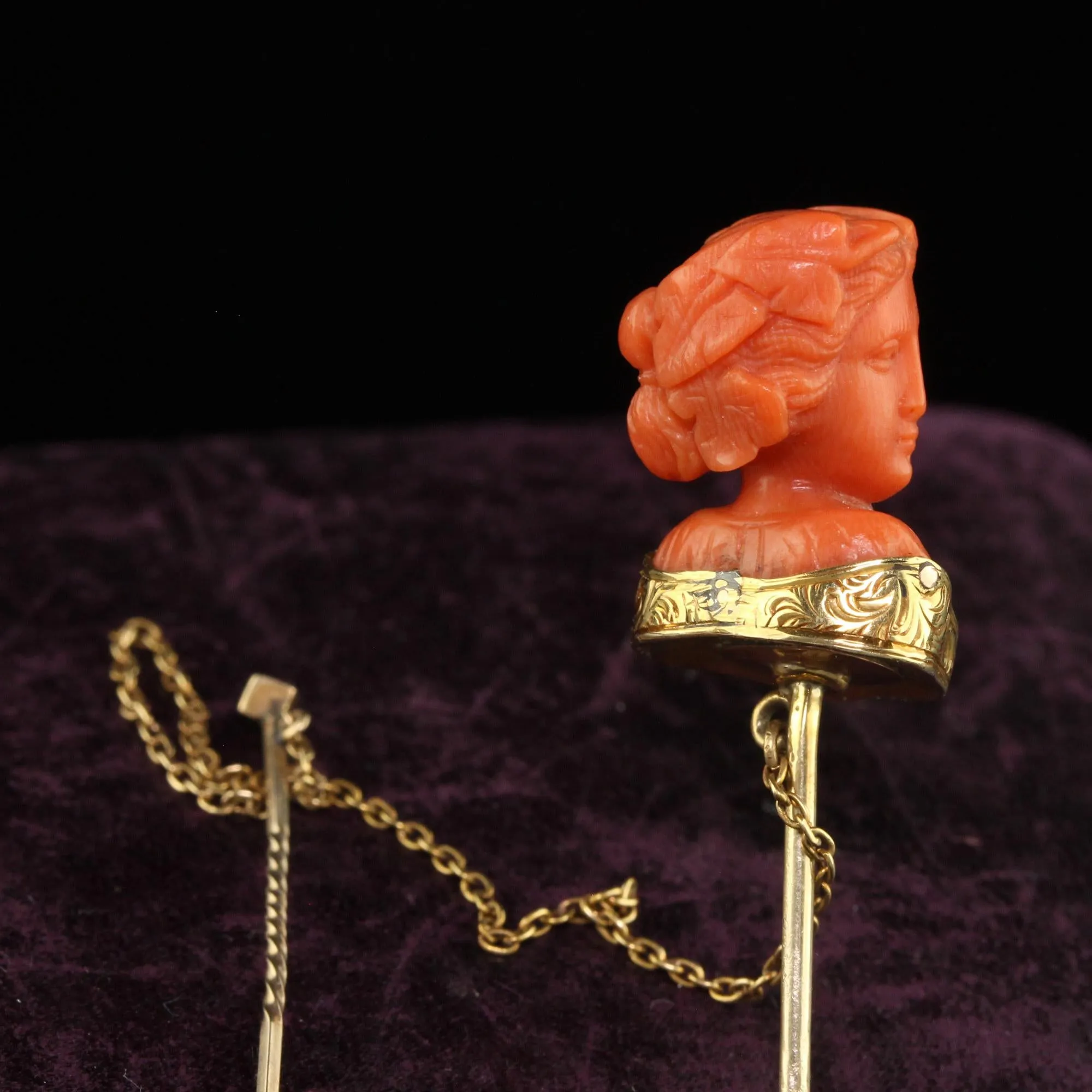 Antique Victorian 14K Yellow Gold Carved Coral Lady Stick Pin