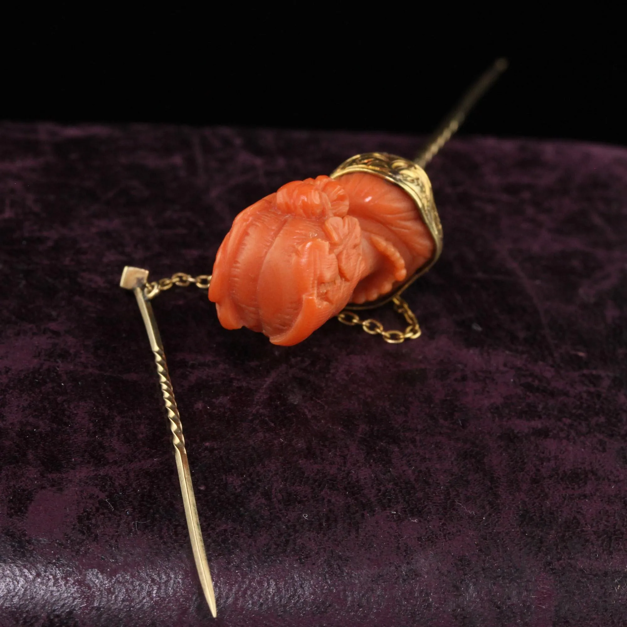 Antique Victorian 14K Yellow Gold Carved Coral Lady Stick Pin