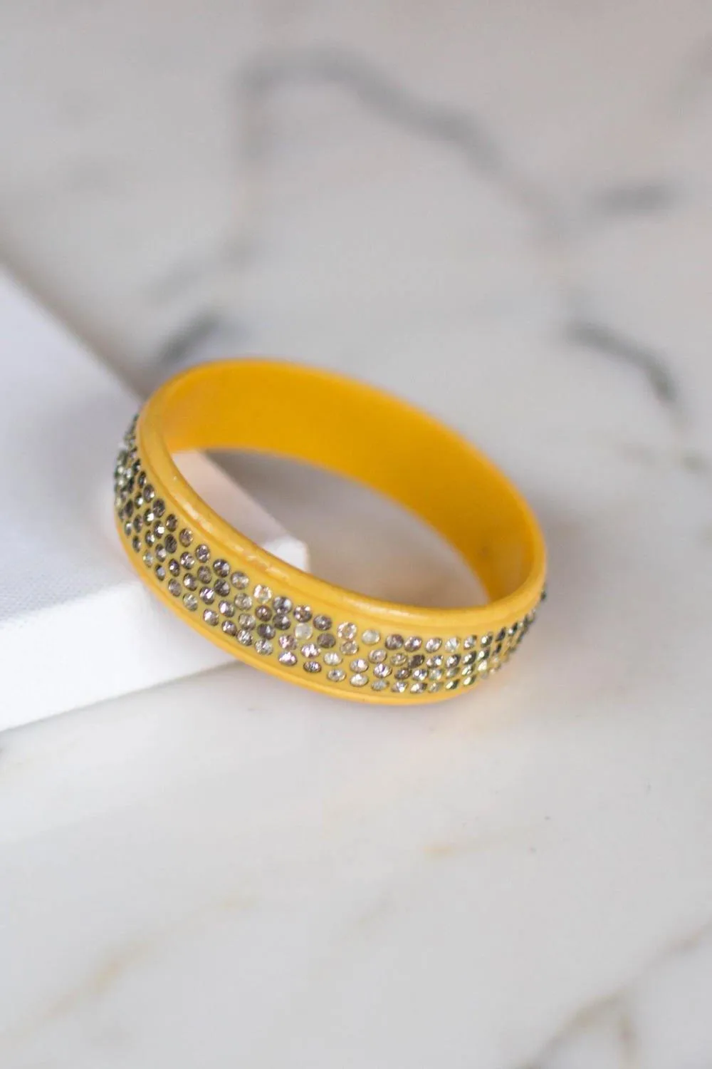 Art Deco Yellow Celluloid Bangle Bracelet with Rhinestones