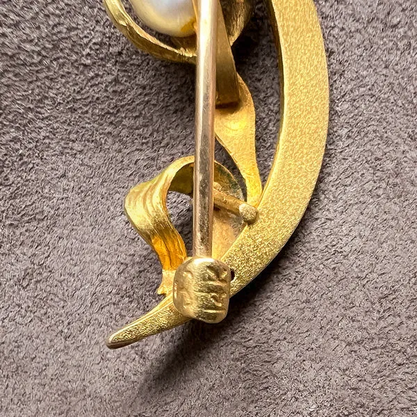 Art Nouveau Pearl & Enamel Flower Crescent Pin